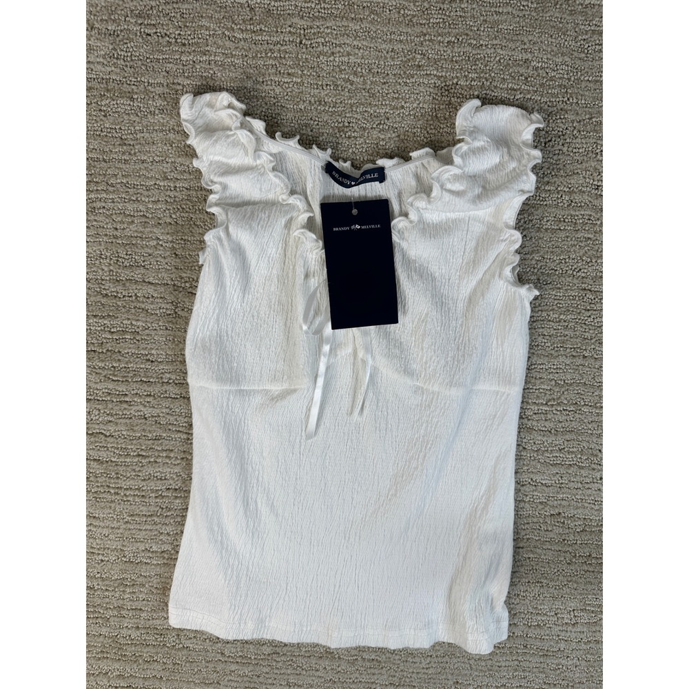 Brandy Melville Coquette White Crinkle Ruffle Tie Front Tank Top One Size - Picture 3 of 10